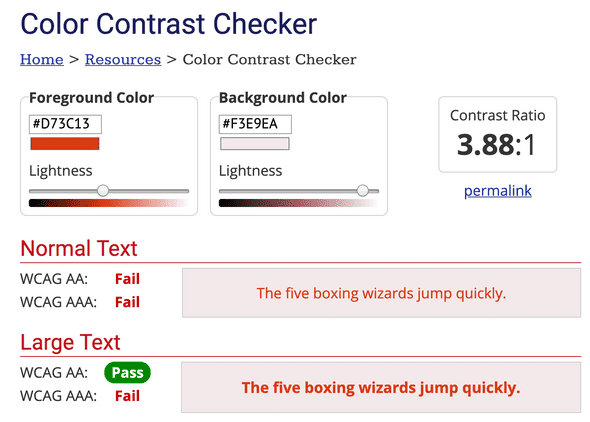 Screenshot of the Color Contrast Checker that tests custom foreground and background colors.