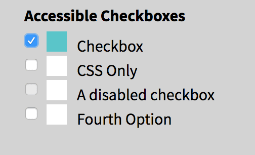 Checkboxes with both a white box and a normal checkbox. One is checked and the box next to it is teal.