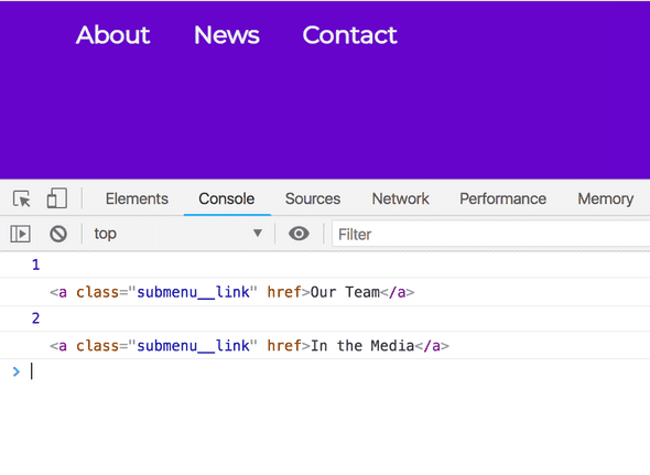 Google Chrome console displaying the index number of the last link item and the element of the last link.