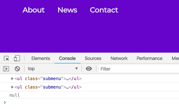 Google Chrome console displaying 2 unordered list elements with the class of submenu and null.