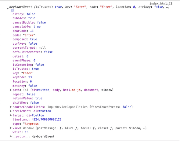 Console log of the event object, particularly showing the code is Enter