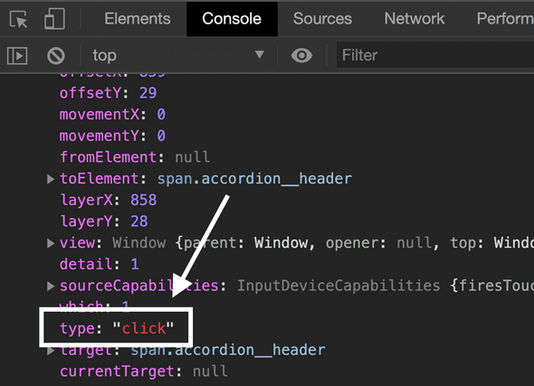 JavaScript Console in the Developer Tools showing the event properties for Click. We see the 'type' property has the value of 'click.'