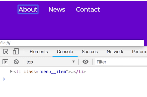 Google Chrome console displaying the list item for About on focus, as that is the context of the parent of this.