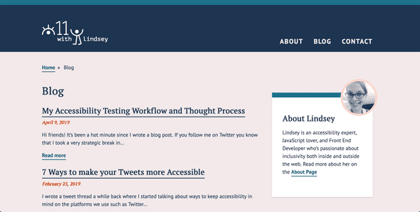 Screenshot of a11y with Lindsey blog page. There are teasers with a title, a date, and a read more link.