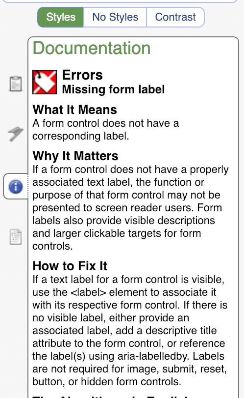 Screen Shot of the Wave Tool being used showing how to fix accessibility issues.