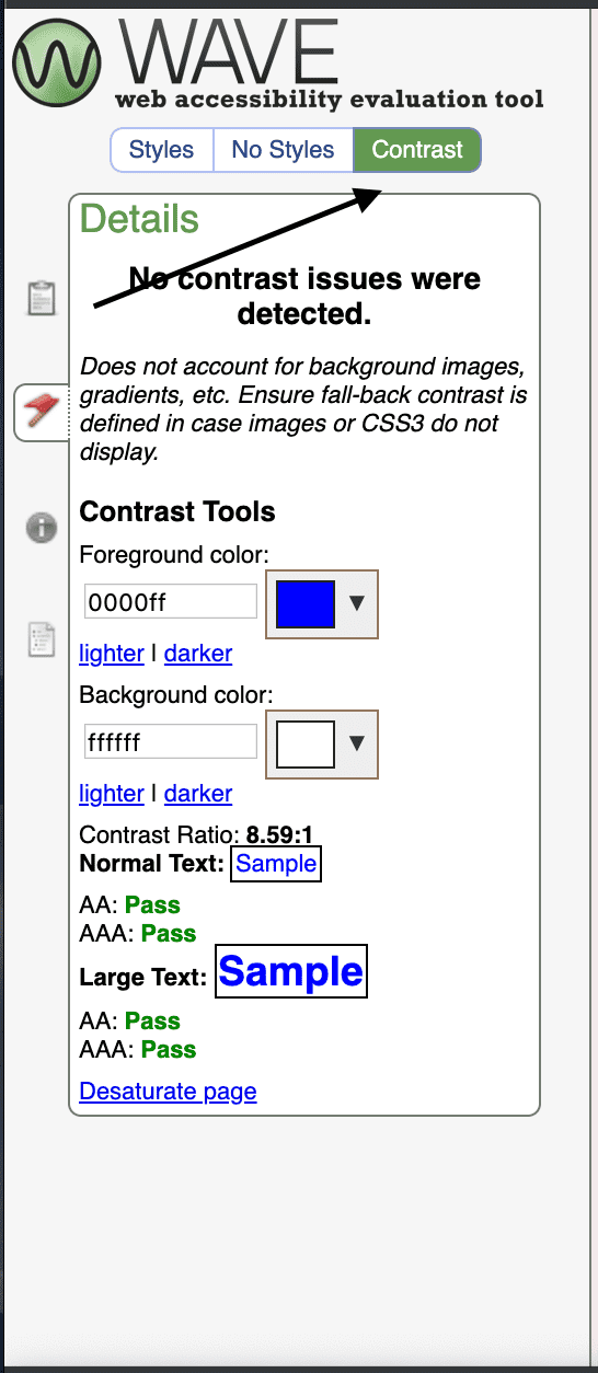 Screen shot of the wave tool contrast checker.