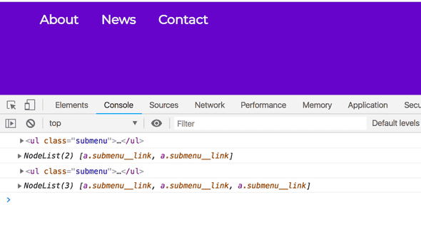 Google Chrome console displaying both the unordered list elements with the class of submenu and the NodeLists associated with the links below them.