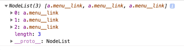 Google Chrome console displaying a NodeList of the menu link class.