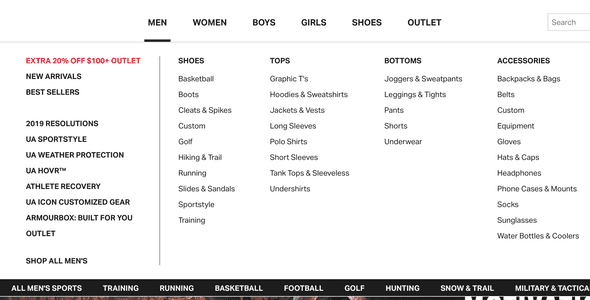 Under Armor menu expanded under mens, showing 49 sub menu links.